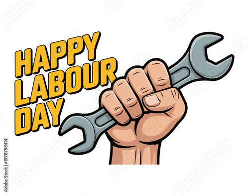 Labour day celebration with a clenched fist holding a wrench symbolizing workers rights and unity on a white background with Workers Day and Solidarity