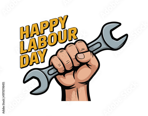 Labour day celebration with a clenched fist holding a wrench symbolizing workers rights and unity on a white background with Workers Day and Solidarity