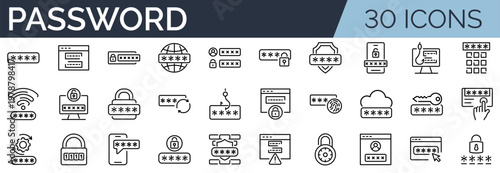 Set of 30 outline icons related to password. Linear icon collection. Editable stroke. Vector illustration