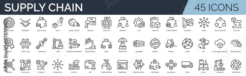 Set of 45 outline icons related to supply chain. Linear icon collection. Editable stroke. Vector illustration