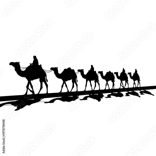 Camels walking in a desert line.