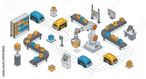 This detailed isometric illustration showcases a highly advanced automated warehouse featuring robotic arms and winding conveyor belts for efficient sorting.