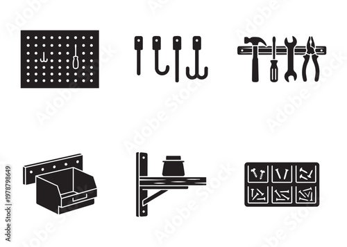Workshop tool storage and organization icons with pegboard hooks shelf magnetic rack and vector set.