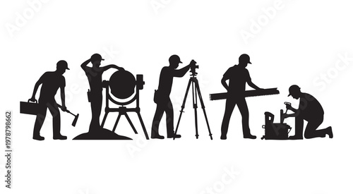 Building construction crew silhouette pack highlighting professional labor and heavy machinery usage