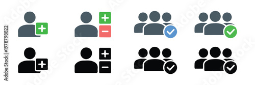 Team members profile icons with add remove and checkmark selection symbols for user interface design and web.