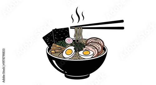 Delicious bowl of ramen with egg and chopsticks.