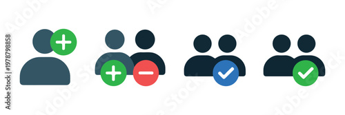 Group user icons with add remove and check symbols for managing contacts and membership.