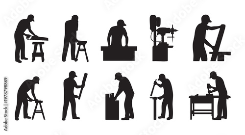 Woodworking silhouettes using saws drills and measuring tools for carpentry projects