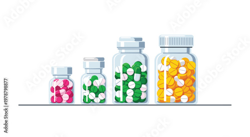 Four transparent glass jars of varying sizes contain a vibrant assortment of pink green and yellow medicinal pills and capsules on a clean white surface.