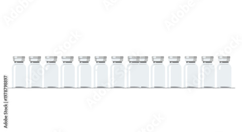 A precise horizontal arrangement of identical clear glass pharmaceutical vials with grey rubber stoppers stands against a minimalist white background for medical use.