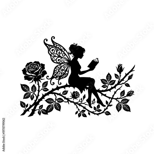 black silhouette of fairy reading book on floral branch