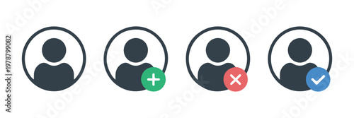 User account status icons with avatar silhouettes showing addition removal and verification on white space.