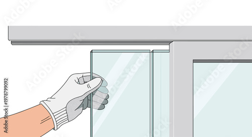 A detailed close-up shot captures a hand wearing a white protective glove as it carefully positions a clear glass pane within a sturdy sliding door frame.