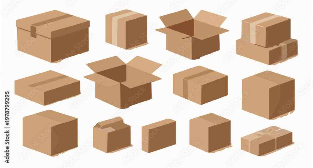 Fototapeta premium Realistic 3D Cardboard Boxes and Paper Parcels Set Shipping Packaging Collection