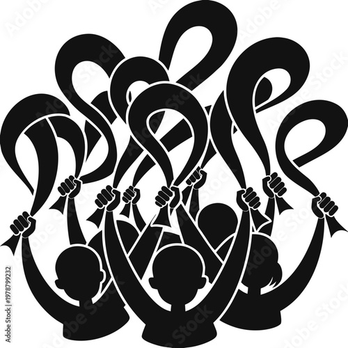 Protest, Activism, Crowd, Ribbons, Black Silhouettes, Vector Icons