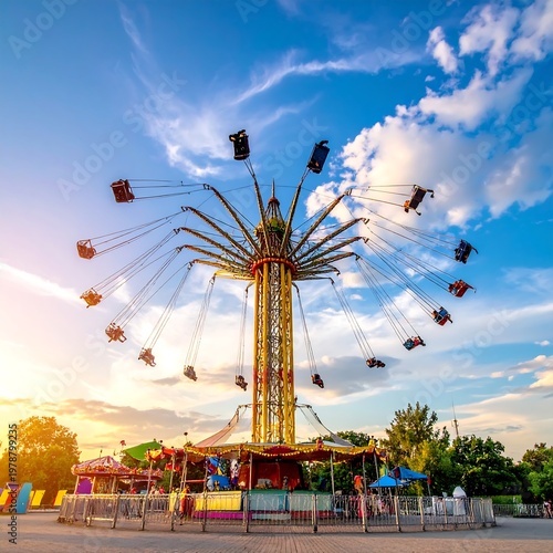 A vibrant shot of an amusement park ride with a central tower and swinging seats against a bright, cloudy sky