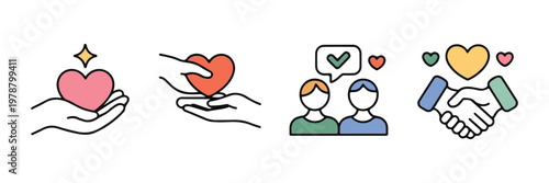 Kindness concept illustrations featuring hands with hearts and diverse people icons for social support themes.