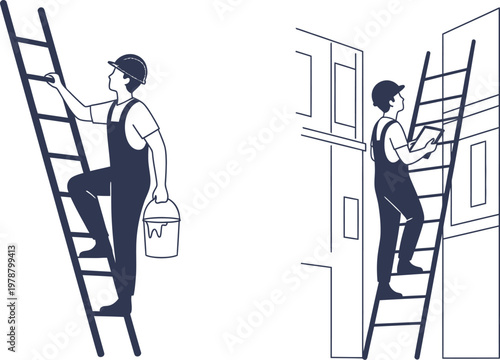 A minimalist vector illustration of a man working on a ladder for home maintenance and repair