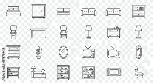 A collection of simple linear furniture icons including beds sofas wardrobes and decorative items