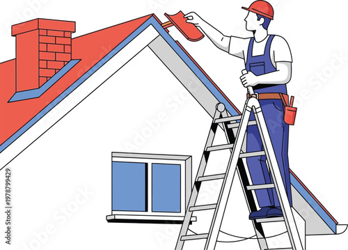 A roofer in a red cap and blue overalls applying roofing material on a house