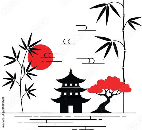 A serene Asian-inspired vector illustration of a pagoda with bamboo and trees