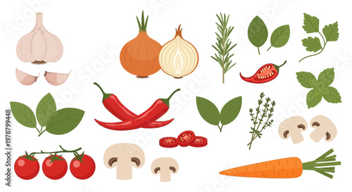 A colorful illustration of various vegetables and herbs for online shopping