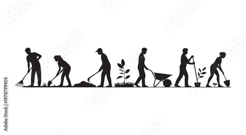 Gardening and landscaping silhouettes showing various activities and tools