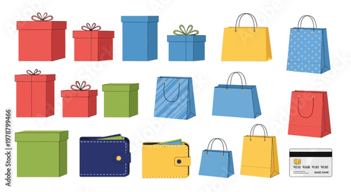 Various colorful bags and gift boxes are arranged neatly on a surface