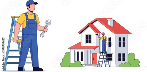 A vector illustration of two house painters at work with tools and ladders