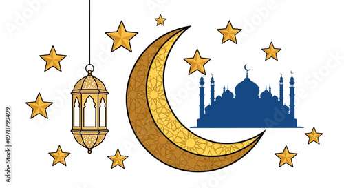 Ramadan iftar celebration with crescent moon lantern mosque stars