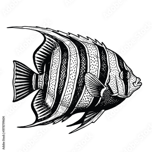 Detailed Tropical Angelfish Line Art – Exotic Coral Reef Fish Illustration for Coloring or Logo