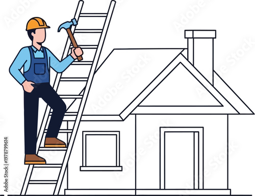 A construction worker in a hard hat climbing a ladder to repair a house