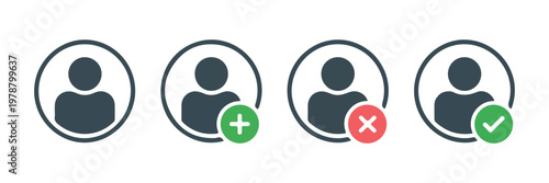Collection of user profile icons with status indicators, plus, cross, and checkmark symbols for user interaction and system feedback.
