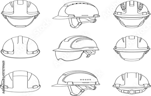 Line Art Vector Illustration Set of Industrial Safety Hard Hats and Construction Helmets with Visors Chin Straps and Different View Angles for PPE Design