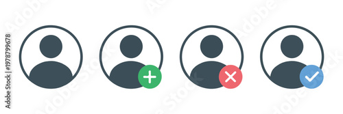 Group of user profile icons with different status marks, including plus, cross, and check symbols for profile management and user actions.
