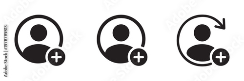 User profile icons with add button in circle and loop arrow symbols for adding new members in black.