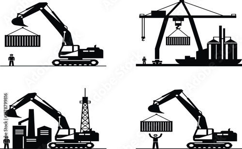 Industrial Logistics Silhouette Set Featuring Heavy Excavators Lifting Containers Port Crane Loading Cargo Ship and Factory Infrastructure for Global Trade and Construction Projects