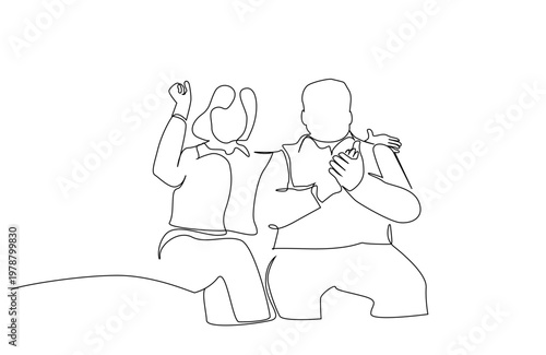 old senior couple excited happy success win smile one line art design