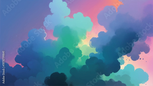 Abstract watercolor clouds blend vibrant hues of blue, green, and pink.