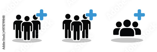 Group of people icons with blue plus sign symbol for adding new members to community.