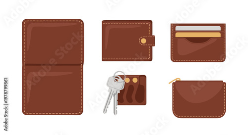 A collection of various brown leather personal accessories including wallets and a key holder rests neatly organized on a bright clean white surface.