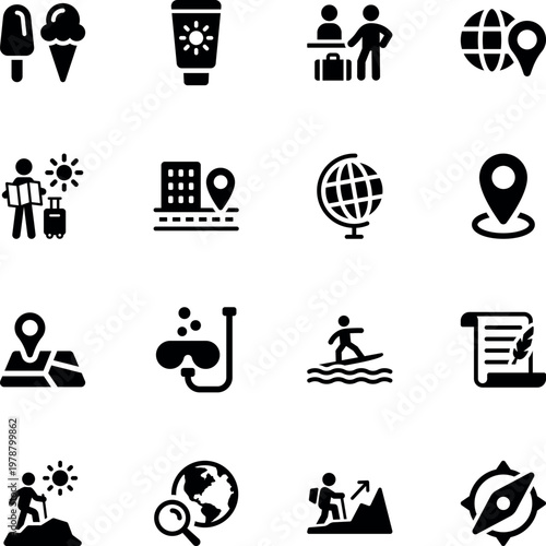 Travel and tourism vacation adventure vector icon set, map, globe, pin, luggage, snorkel, hiker, compass