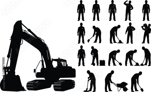 Heavy hydraulic excavator silhouette set with construction workers in various poses digging with shovels and pushing wheelbarrows for industrial site design and engineering projects.