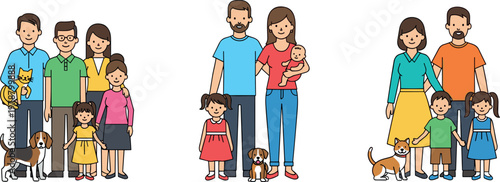 Family with Pets Illustration Set Featuring Parents, Children, and Dogs in Casual Clothing for Family Life, Pet Care, and Parenting Designs