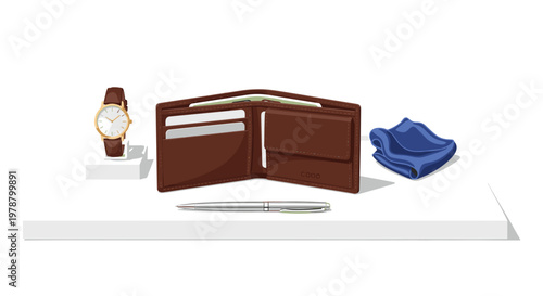 An elegant brown leather wallet stands open beside a classic wristwatch and a vibrant blue silk pocket square on a bright pristine white display shelf.