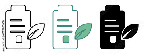 green eco battery icon set 3 style silhouette, line art, two tone icon