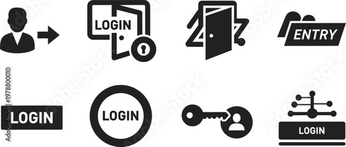 Collection of black silhouette icons representing access security and login processes