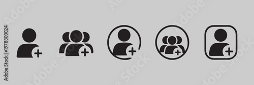 Add user and new group member icons set with plus symbols for account creation and team expansion illustrations.