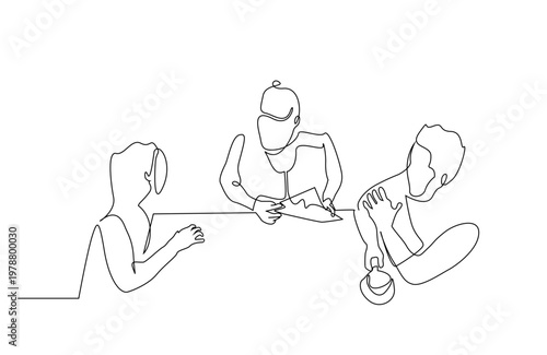people business meeting desk sitting talk community overhead view one line art design