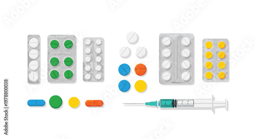 Various blister packs containing colorful medicinal pills and a clear medical syringe are laid out flat against a bright neutral white background surface.